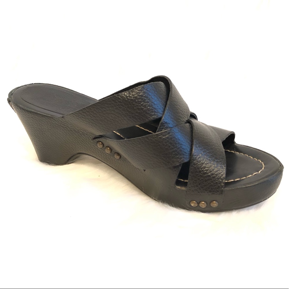 Frye Black Leather Crisscross Wedge Mules